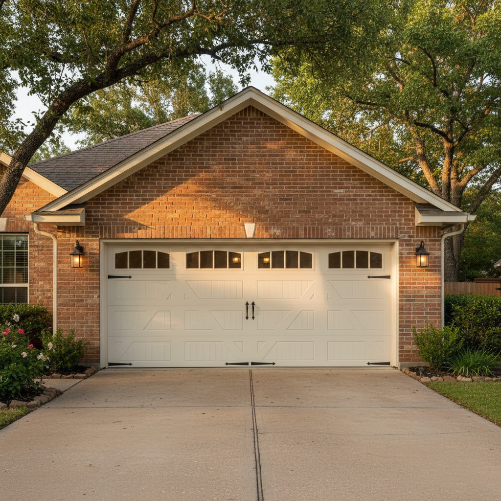 A beautiful custom residential garage door on a traditional Texas brick ranch-style home. The door features rich carriage-house style panels in creamy white with decorative black wrought-iron hardware and small rectangular windows along the top. The home has warm red brick, white trim, and lush green Texas landscaping. Late afternoon golden sunlight washes across the façade.
