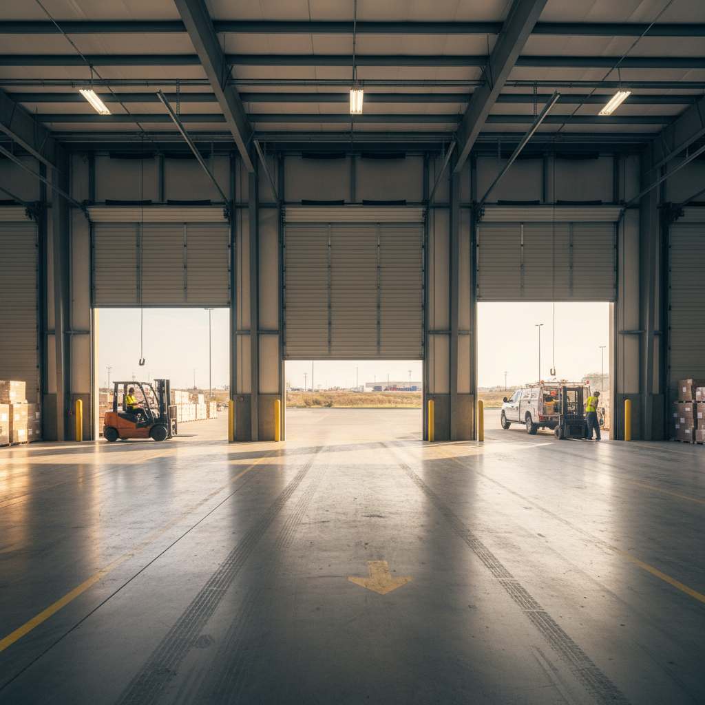 The interior of a commercial loading bay in a large Texas warehouse, with multiple large steel overhead sectional doors — some open, some partially closed — and bright exterior daylight flooding through the open bays. Forklift tracks and safety markings are visible on the polished concrete floor.