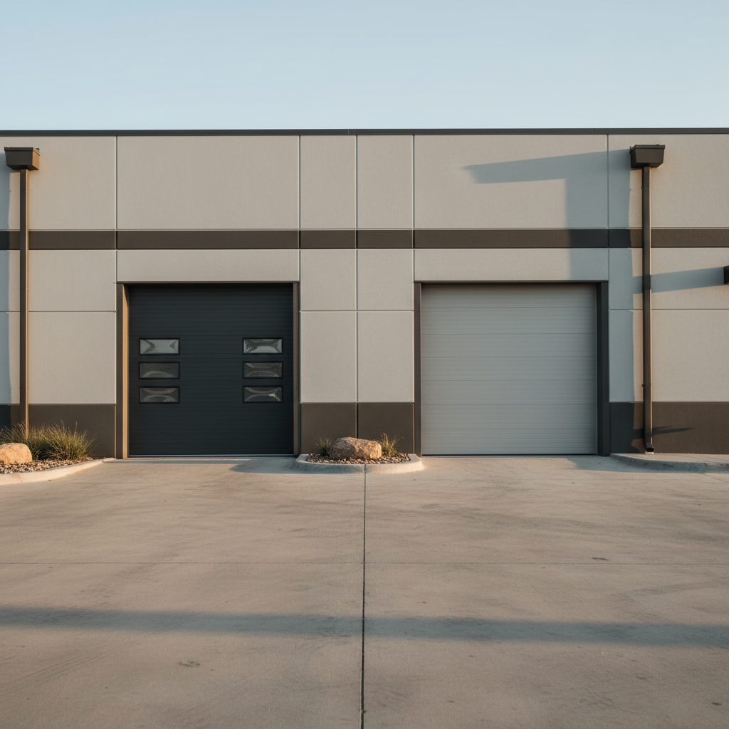 Square, realistic photo that visually fits with the two existing images below: show a clean, modern Texas garage door scene that bridges residential and commercial — for example, the exterior of a small service facility with two overhead doors (one sized for a home garage, one larger commercial bay), neutral colors, no signage or text on the building, clean concrete, and soft late-afternoon light. No people or vehicles, just a professional, trustworthy atmosphere that matches the other About page photos.