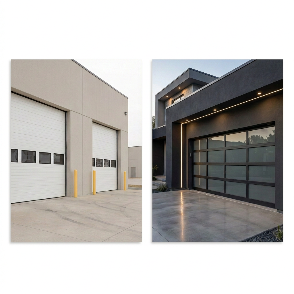 garage doors A pair of large commercial overhead garage doors in a light industrial Texas business park, constructed from heavy-duty white insulated steel with horizontal ribbing, neatly framed in smooth concrete walls. The doors feature small, evenly spaced vision panels with clear safety glass and black rubber gaskets. Photographic realism, shot from a slightly low angle to emphasize scale and durability. Soft, bright overcast daylight evenly illuminates the façade, minimizing harsh shadows and highlighting clean lines and precise installation. The wide concrete apron in the foreground shows faint tire markings, and distant warehouse units are subtly out of focus, creating depth. The mood is efficient, organized, and professional, ideal for showcasing reliable commercial garage door service and robust construction quality.