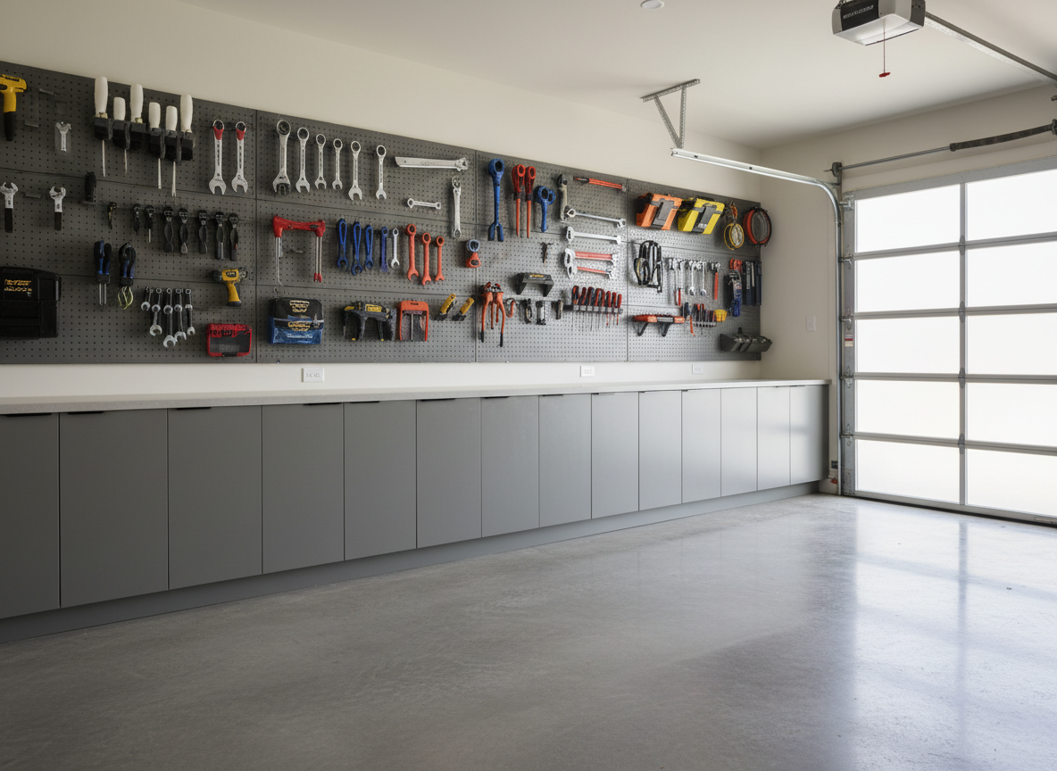 A bright, spotless, professionally organized residential garage interior in North and East Texas. Clean polished concrete floor, neatly arranged tools on wall panels, orderly storage cabinets, a modern garage door, soft natural daylight, neutral professional colors, photorealistic, no people, no text or logos.