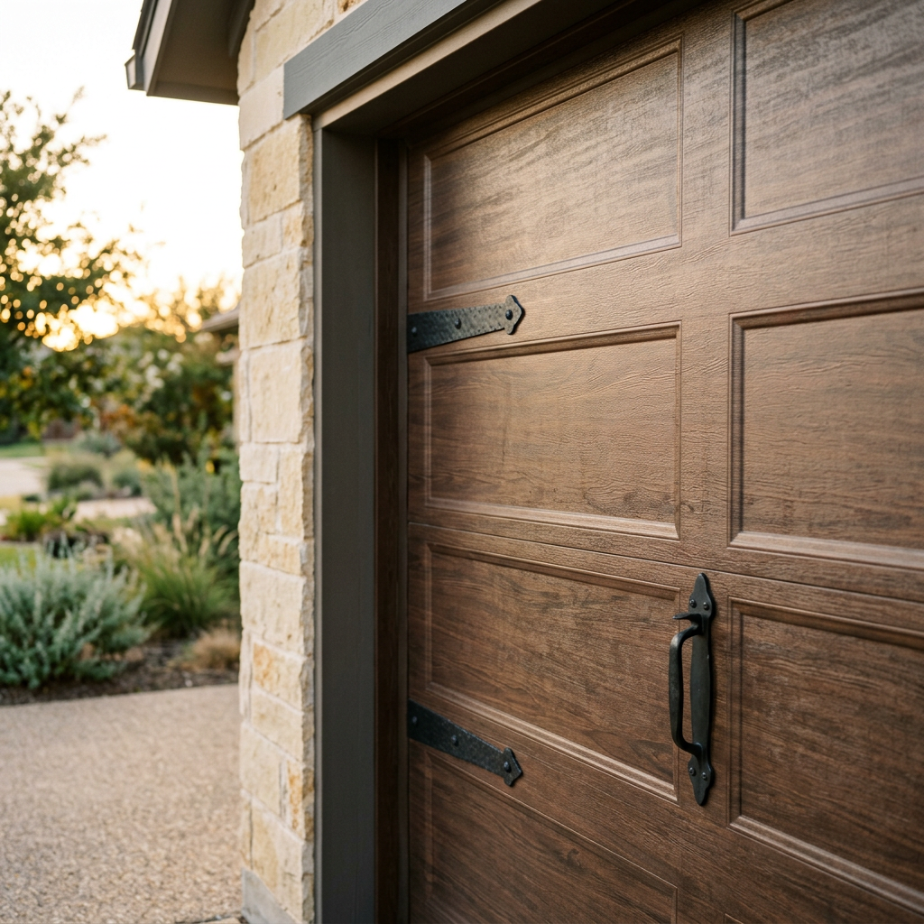 Wooden garage door with black hardware beside a stone wall and landscaped yard
